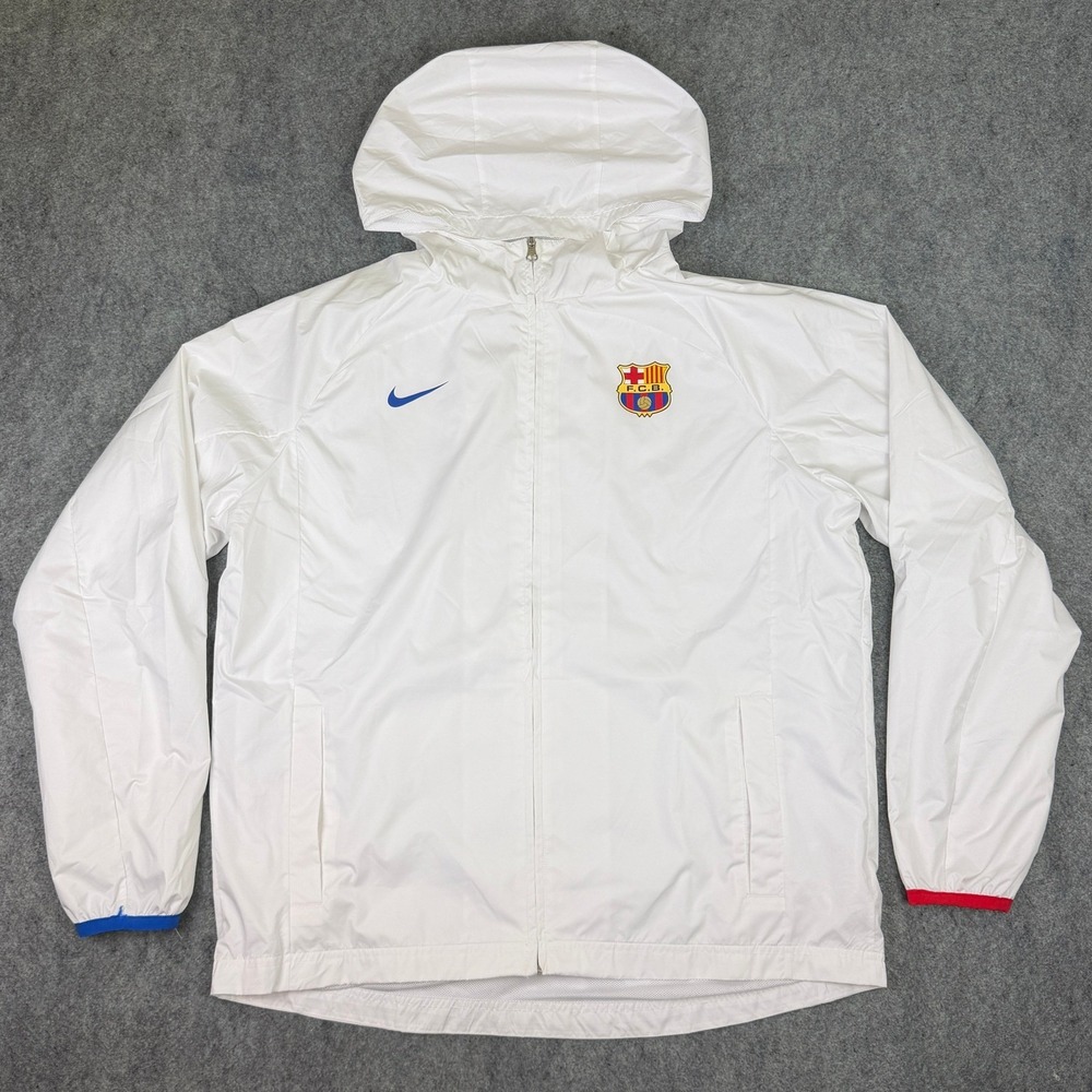 Nike FC Barcelona Windrunner Jacket Mens XL White Full Zip Hoodie FJ1539-100